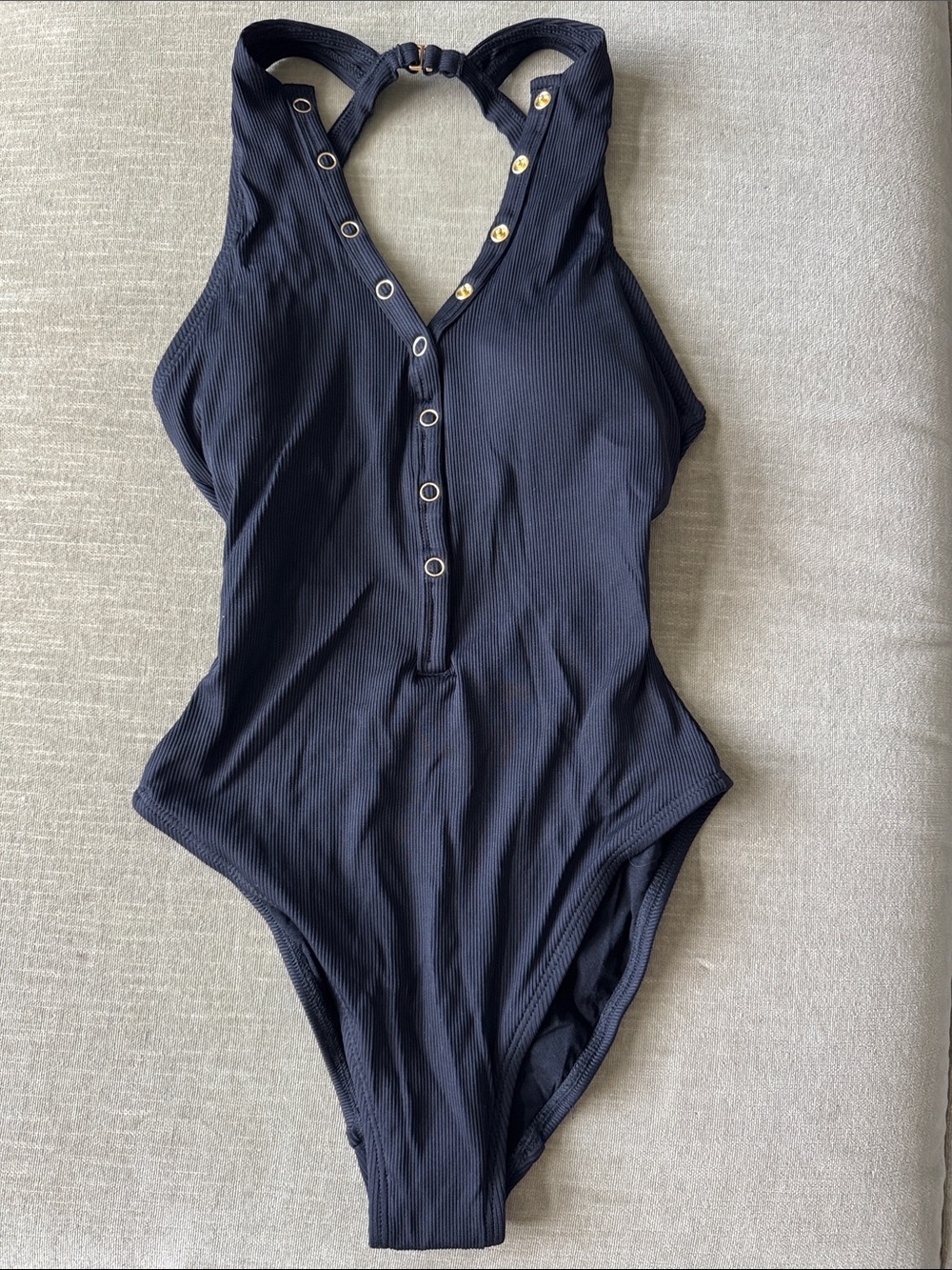 Robin Piccone Black Ribbed Snap-Front Racerback One-Piece Swimsuit